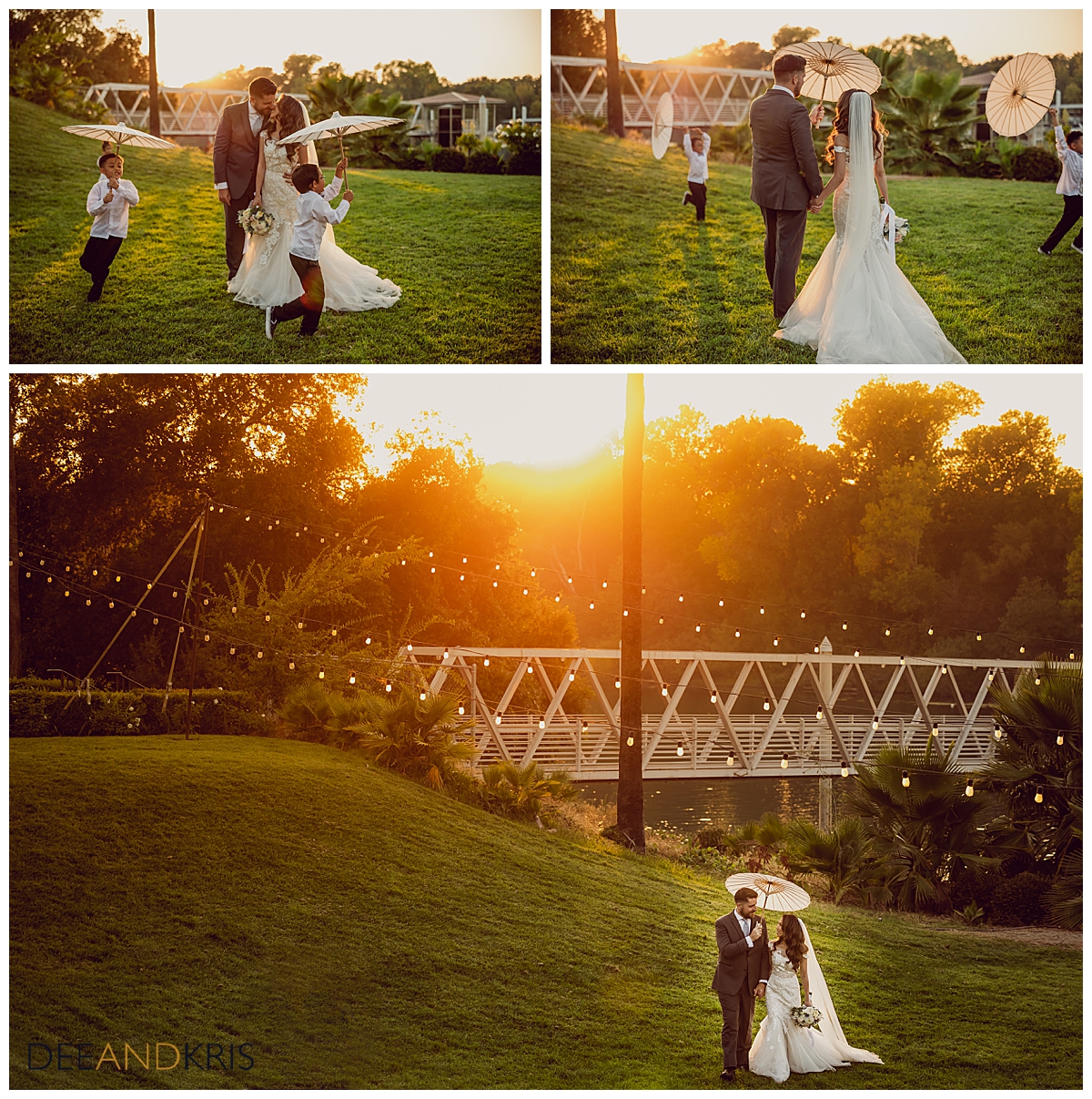 Three images of bride and groom with children dancing around them carrying parasols.