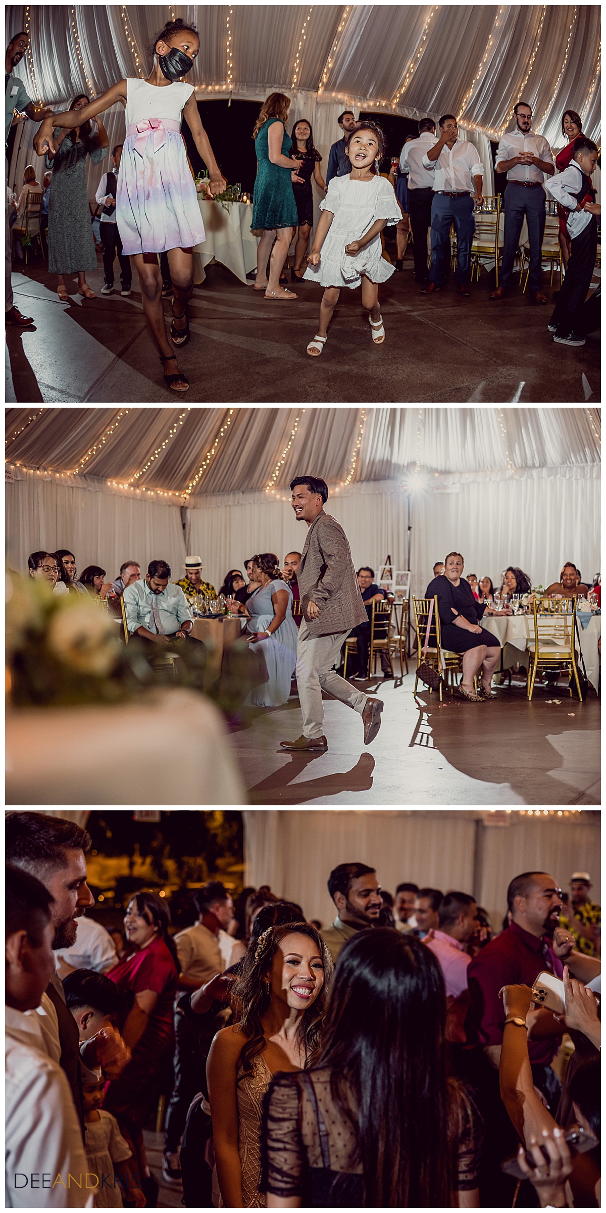 Three images of wedding guests dancing and talking.