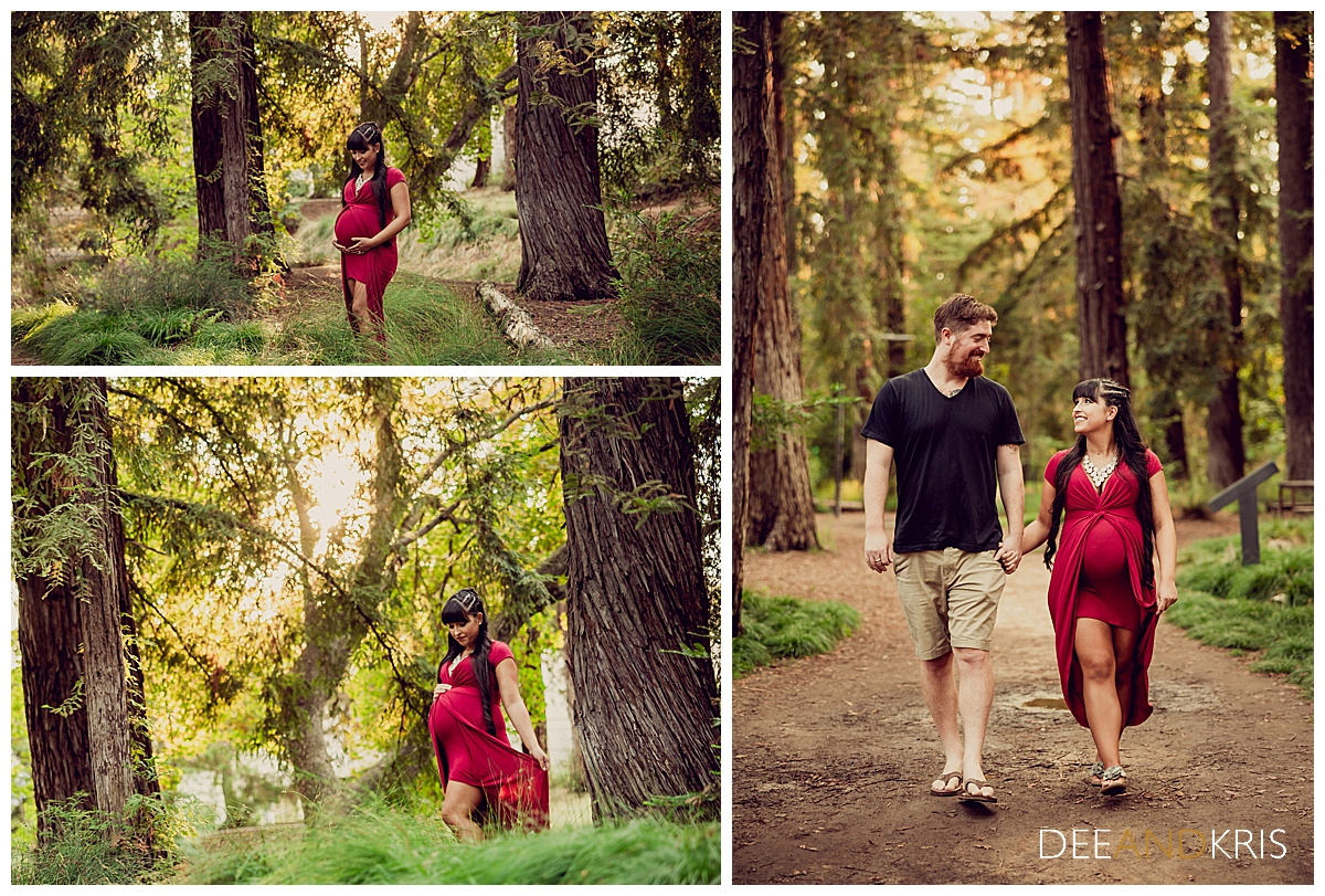Two landscape images of beautiful mom-to-be cradling her baby bump in a scarlet maternity mini dress with sheer floor length overskirt. One portrait image of mom and dad walking hand in hand along a path with California Redwoods in the background.