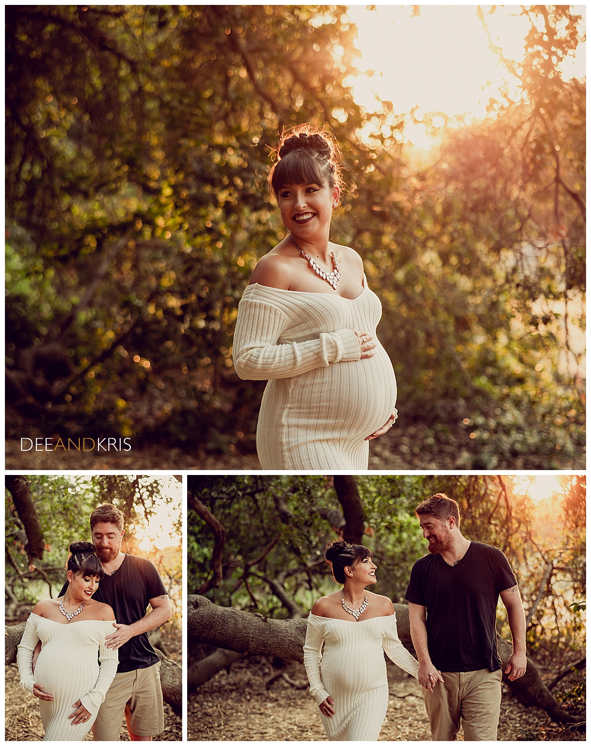 Three images of couple; Margaret wearing a cream off-the-shoulder sweater dress as she cradles her belly with her hands. Top image is of Margaret smiling with the sun shining on her. In the bottom left image, Ryan holds Margaret from behind as she leans her head against him. The bottom right image is of Margaret and Ryan holding hands and walking forward with the sun setting behind them.