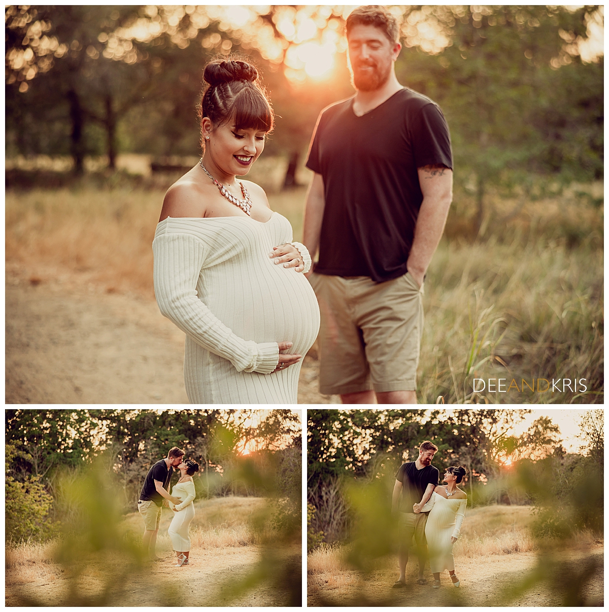 Three images of Margaret and Ryan. In the top image, Margaret stands in forefront and hugs her baby bump. Ryan in the background, looks on lovingly. In the bottom left image, we peek from behind a tree to capture our couple in a sweet kiss. The bottom right image is a view of our couple as they walk closely next to each other holding hands.