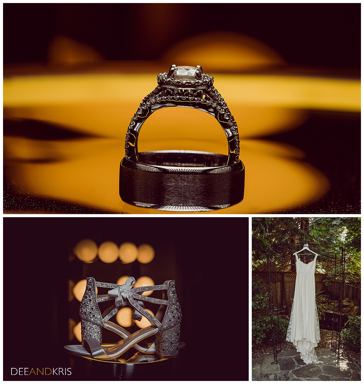 Three images of wedding details; rings, shoes, dress.