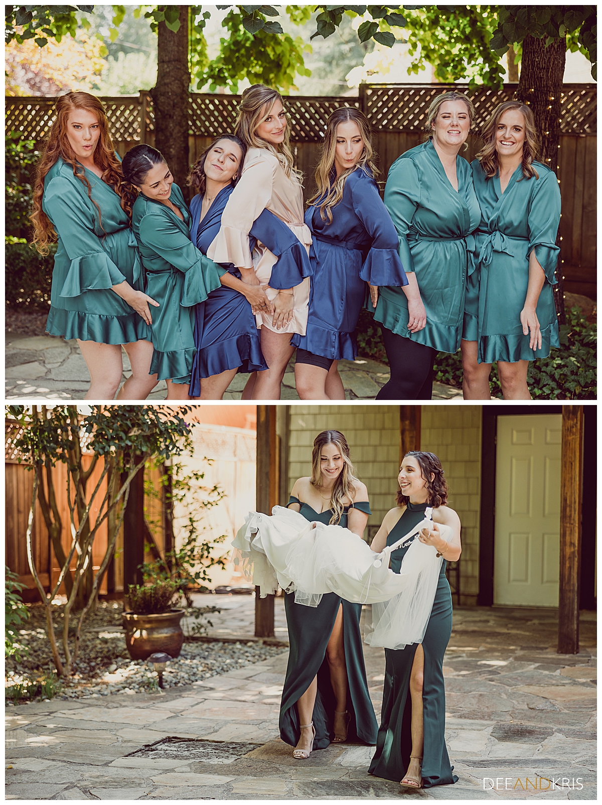 Two images of bride with bridesmaids in silk robes and bridesmaids bringing out bride's dress