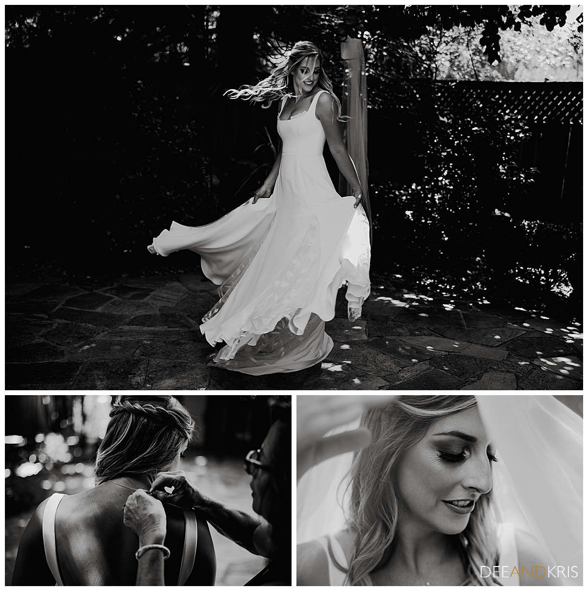 Three black and white images of the bride at Forest House Lodge in her dress, her jewelry, and her veil.