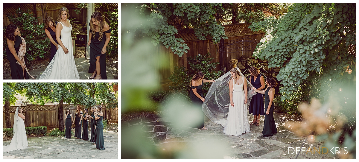 Three images at Forest House Lodge of bride and bridesmaids as they see her in her dress for the first time.
