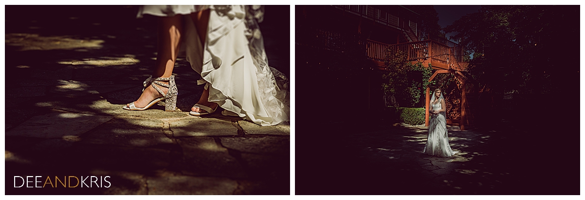 Two images of the shadows bouncing off the bride's shoes and dress.