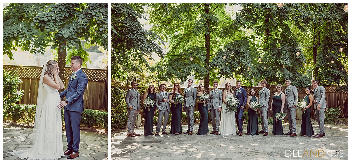 Two images of bride and groom first look and whole wedding party.