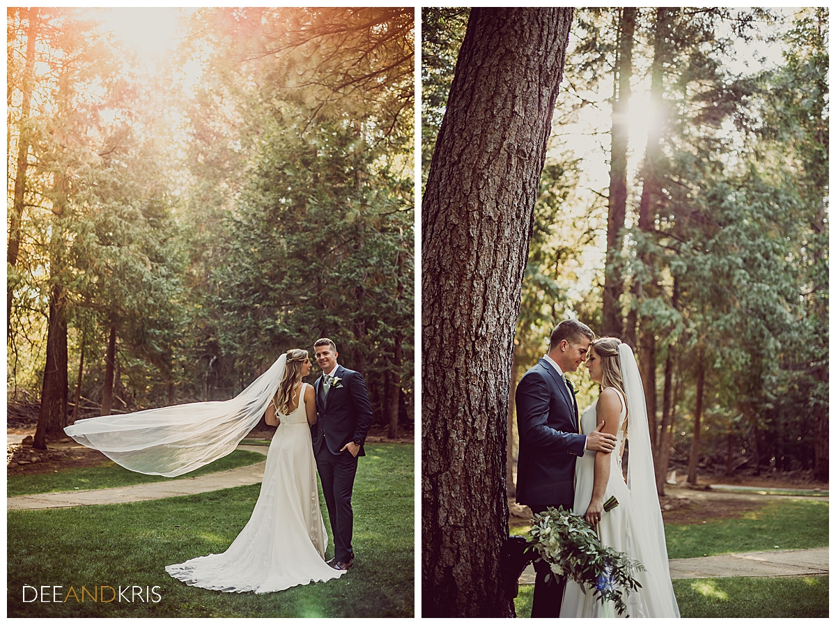 Two romance images of bride and groom in outdoor forest setting
