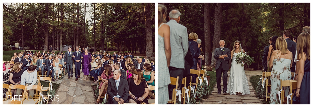 Two images of groom walking with his parents down the aisle and bride walking down the aisle.