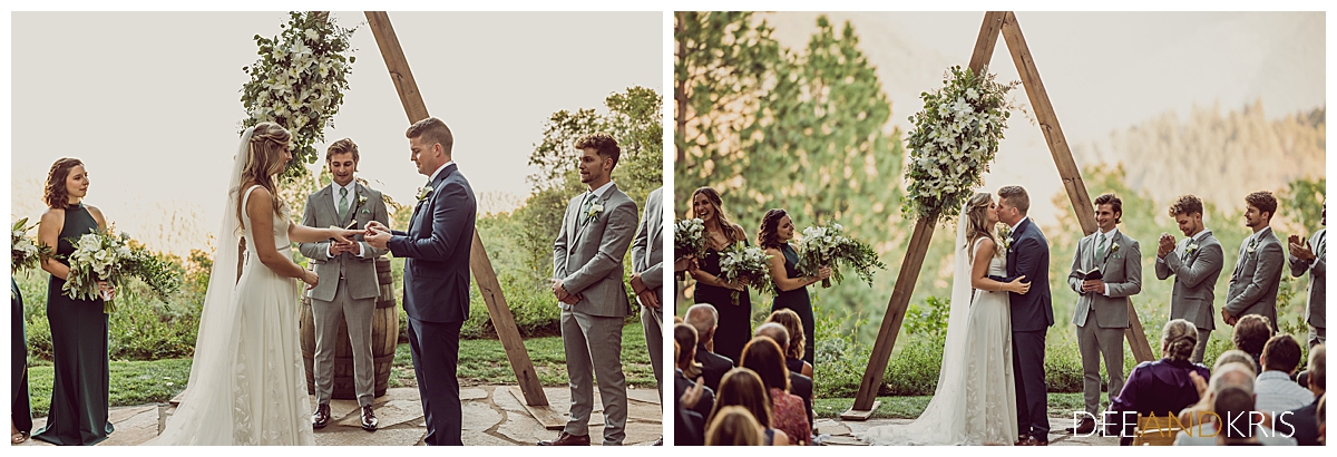 Two images of rings being placed and first kiss as husband and wife.