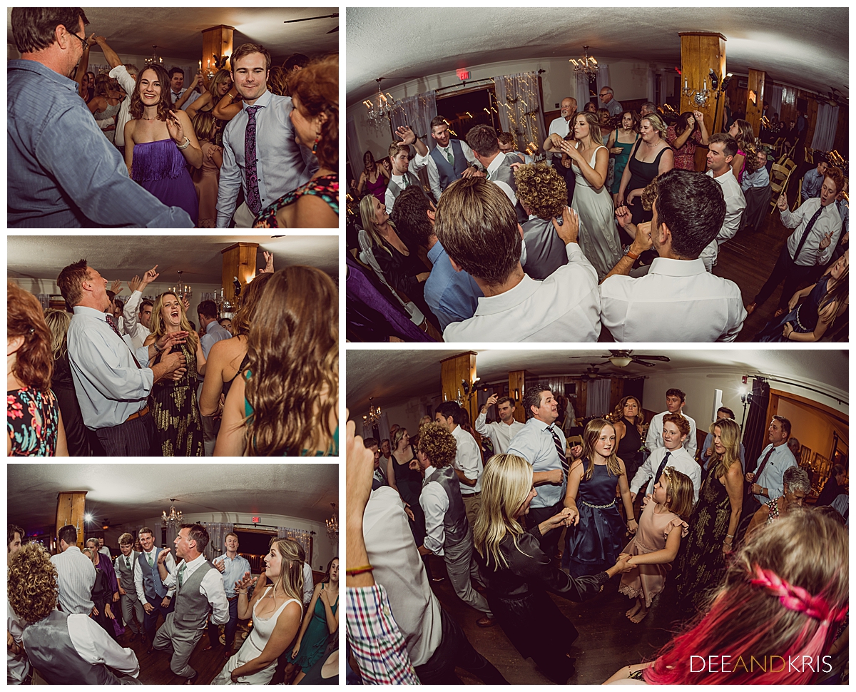 Five images of guests dancing at reception