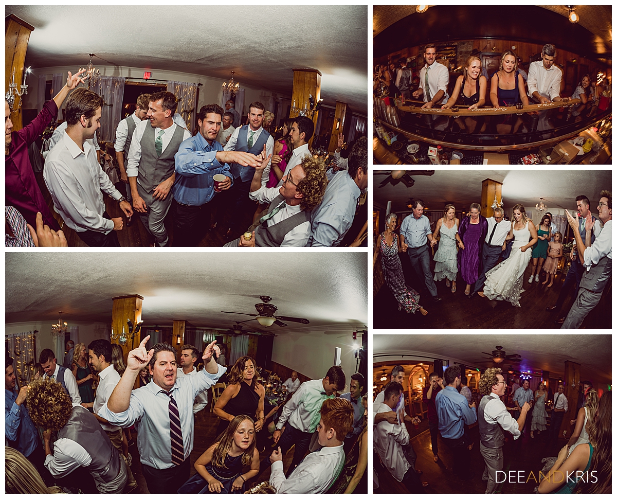 Five images of guests dancing and drinking at reception