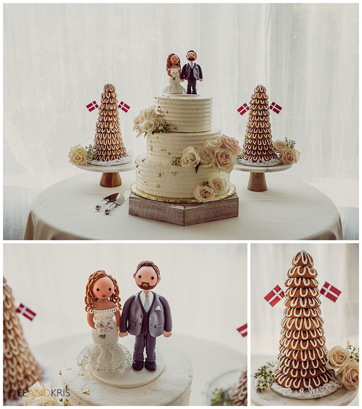 Three images of cake topper by Nhu Le. Cakes provided by venue.
