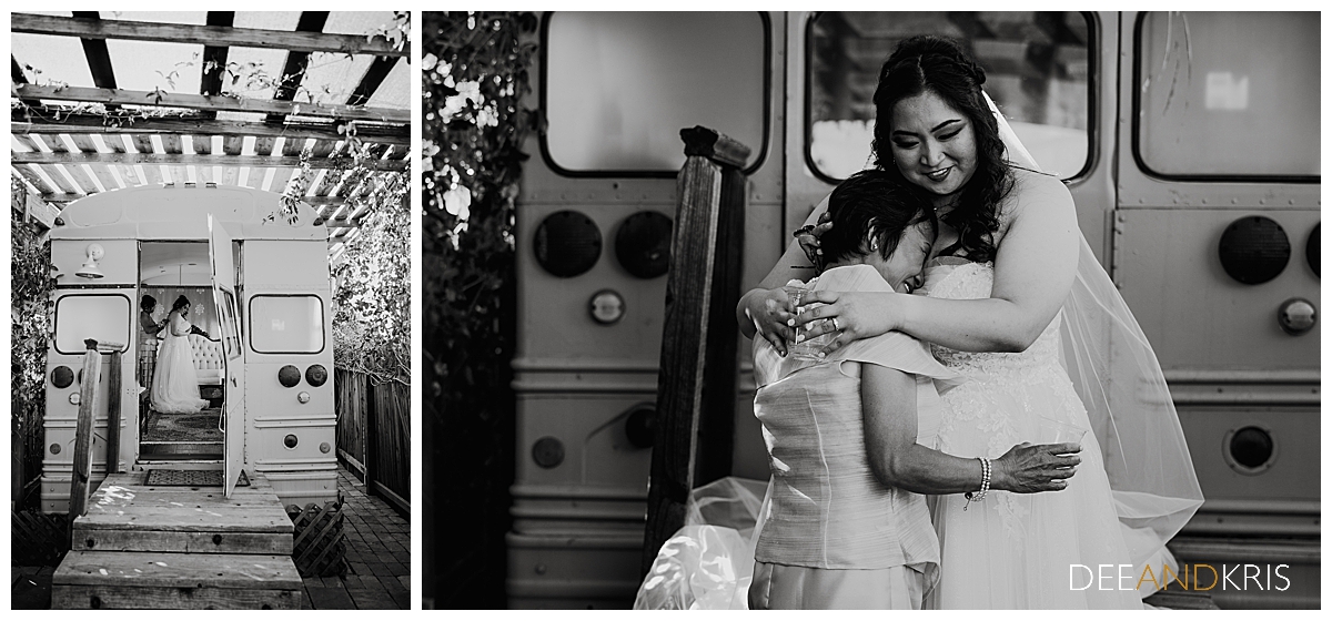 Two images of bride getting ready in Taber Ranch's renovated vintage bus dressing room.