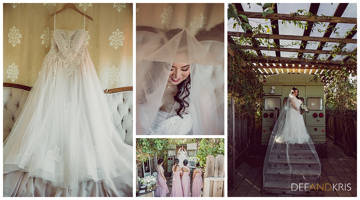 Four images of bride and her dress in various stages.