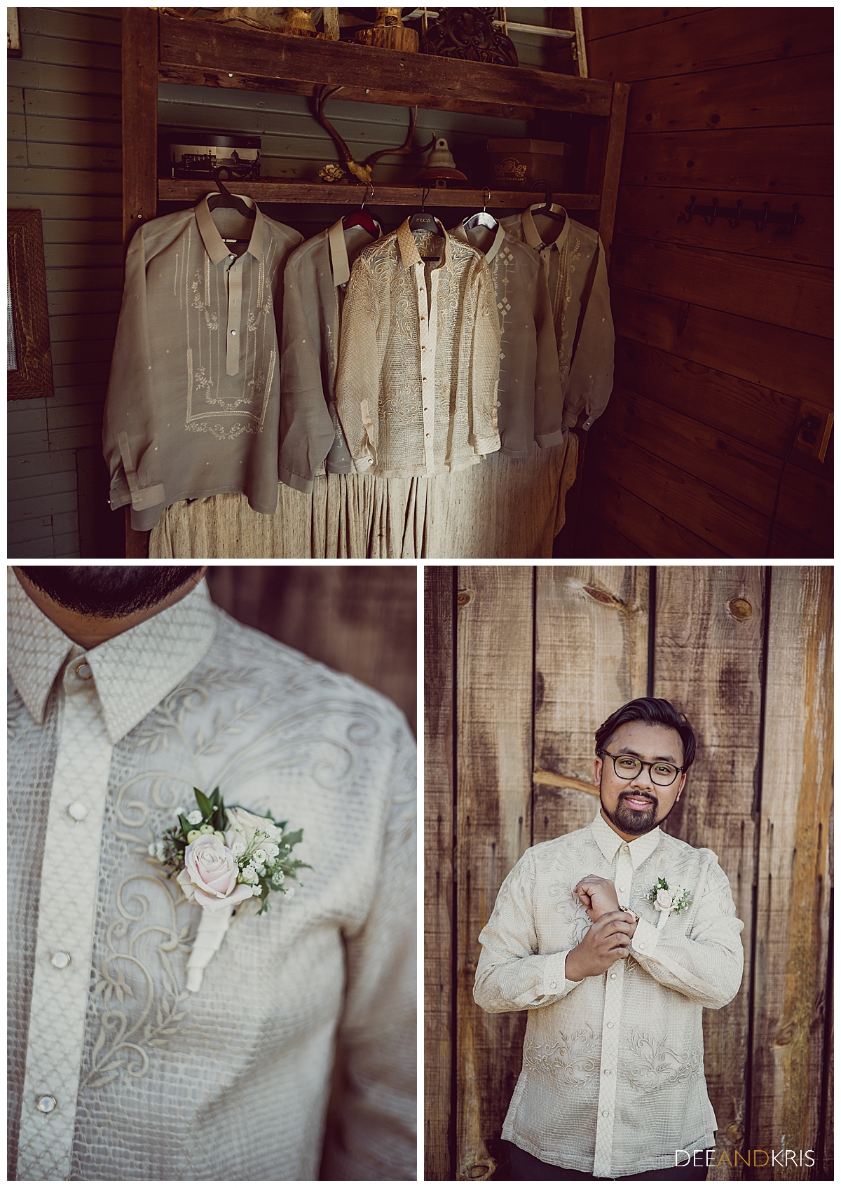 Three images of groom getting ready in his traditional Filipino barong.