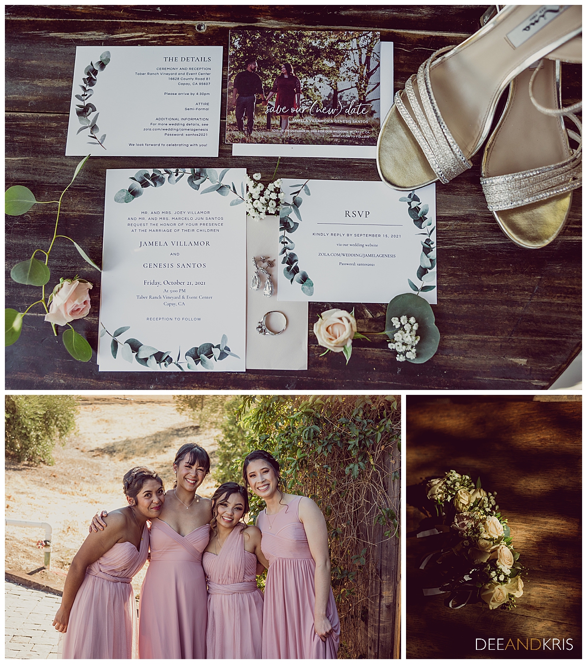 Three images of some wedding details; invitation stationary, bride's shoes, bride's bouquet, and bridesmaids in their dresses.