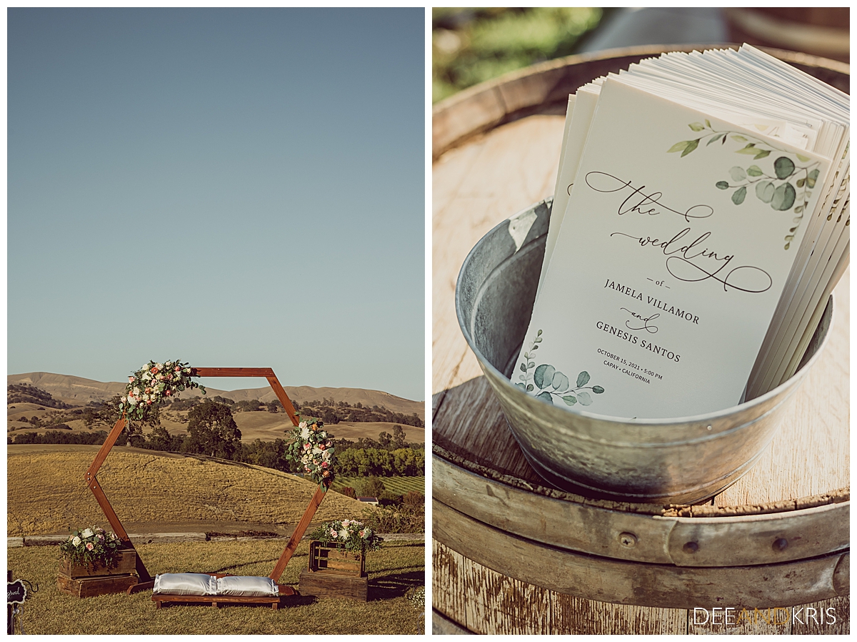 Two images of wooden altar hexagon provided by Taber Ranch and wedding programs.