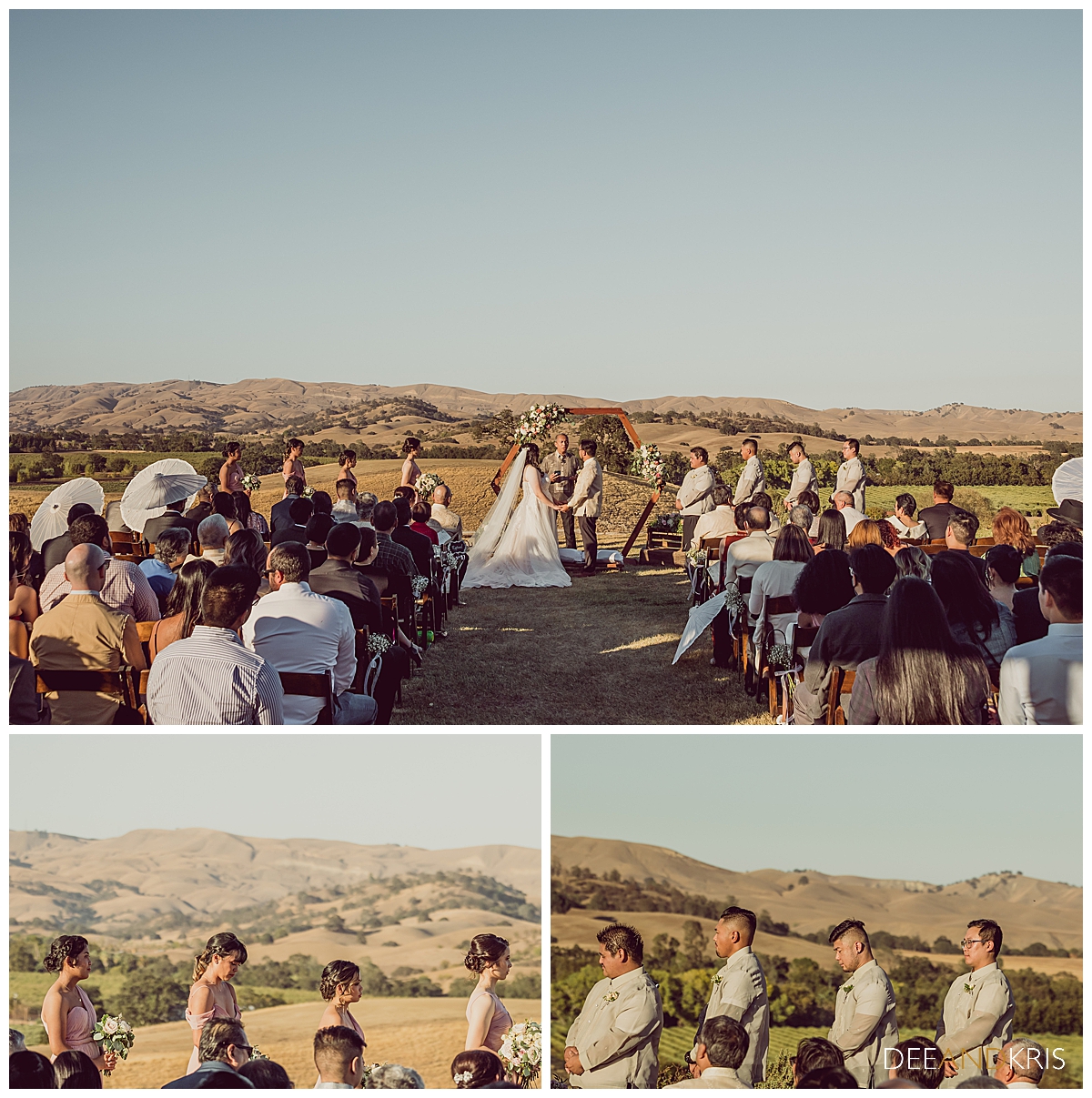 Three images of the ceremony with Capay Valley Hills as the backdrop.
