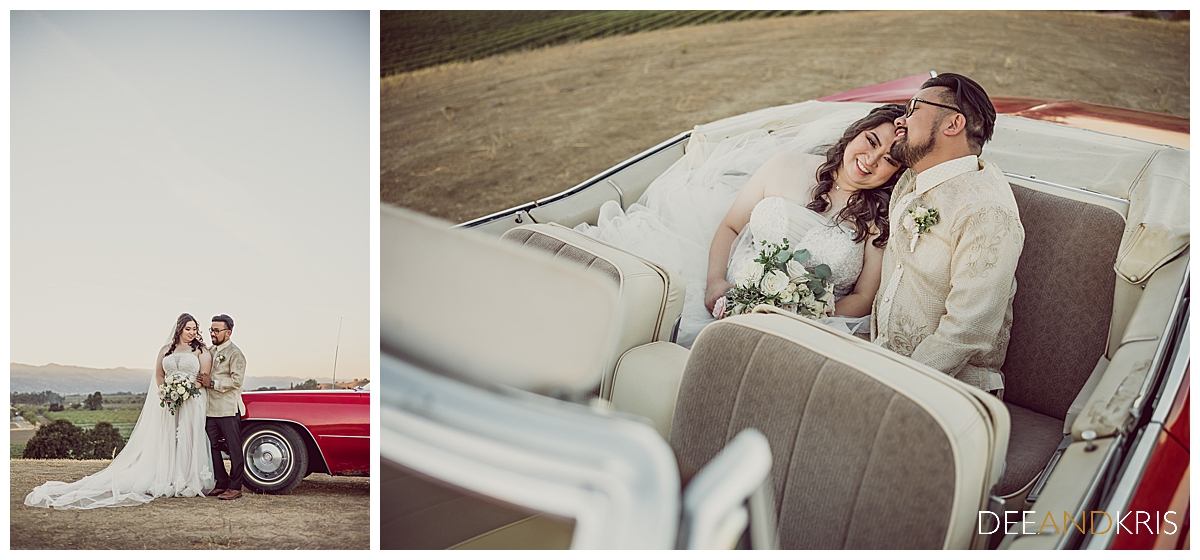 Two images of Taber Ranch's red Cadillac convertible and the couple.