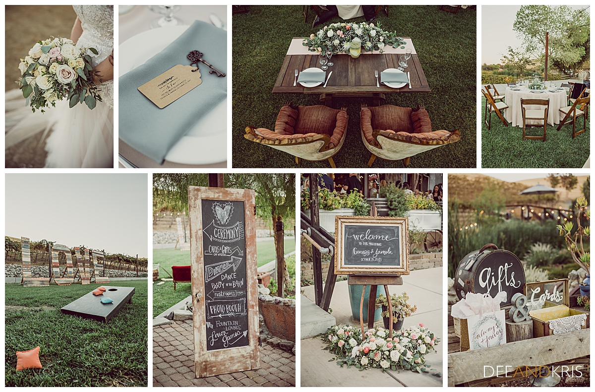 Eight images of various wedding details.