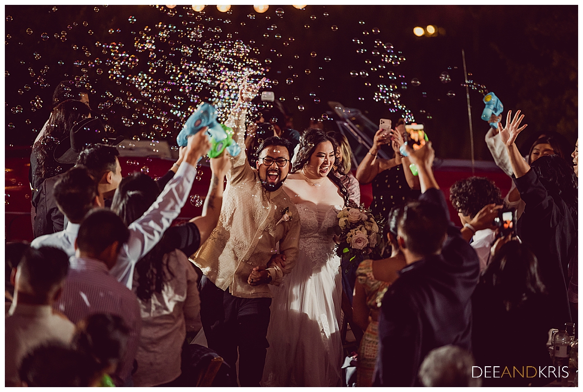 One image of bride and groom in their bubble entrance.