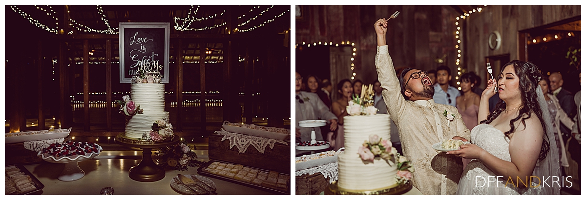 Two images of cake and cake cutting.