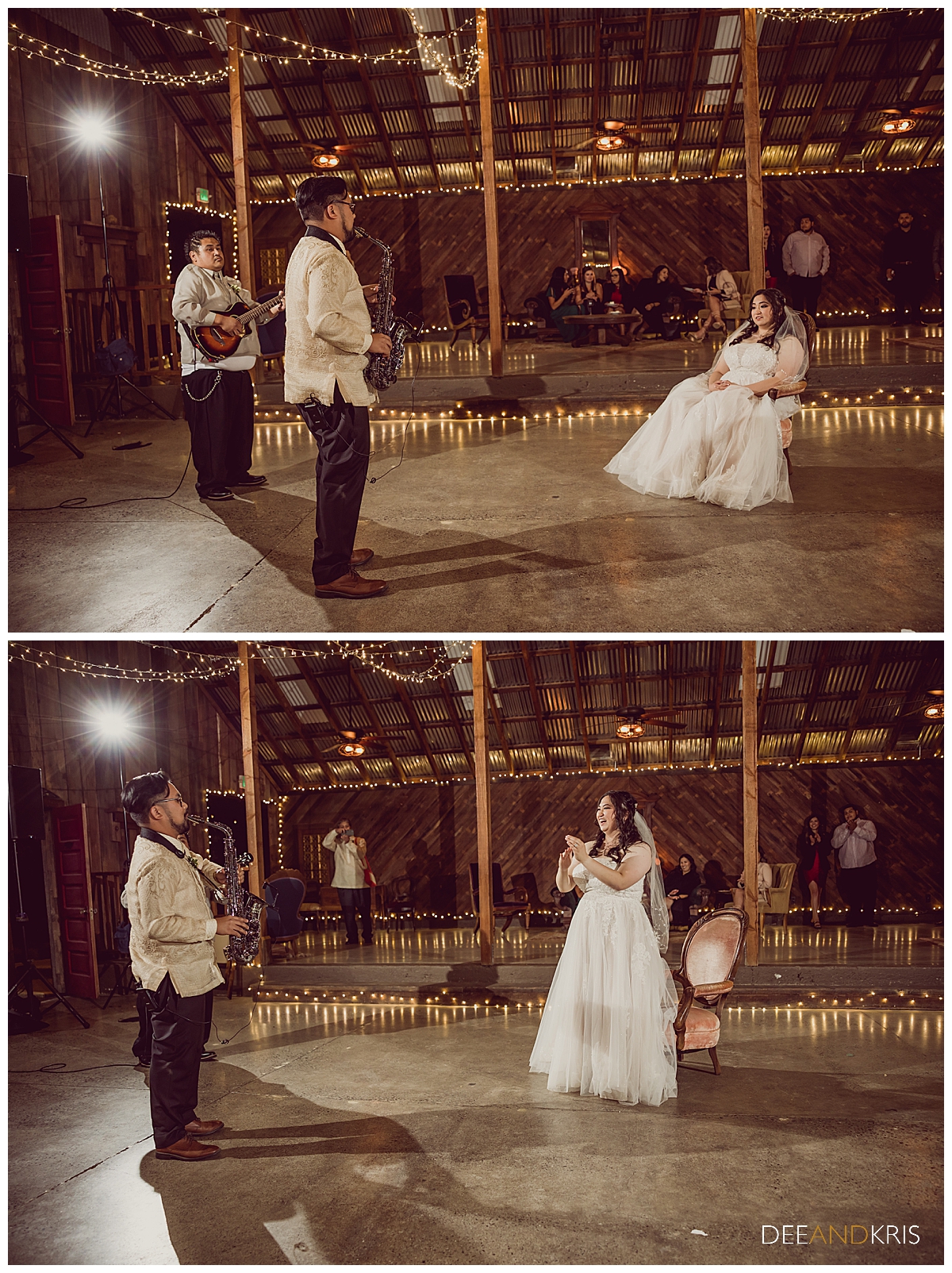 Two images of groom playing saxophone for his bride.