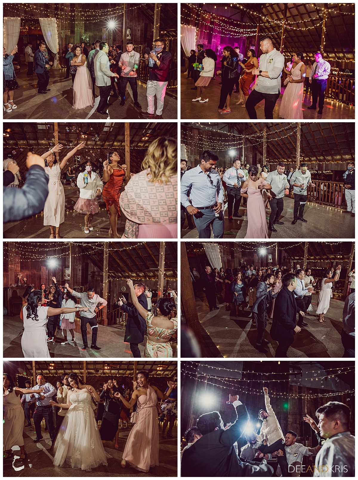 Eight images of guests dancing at reception.