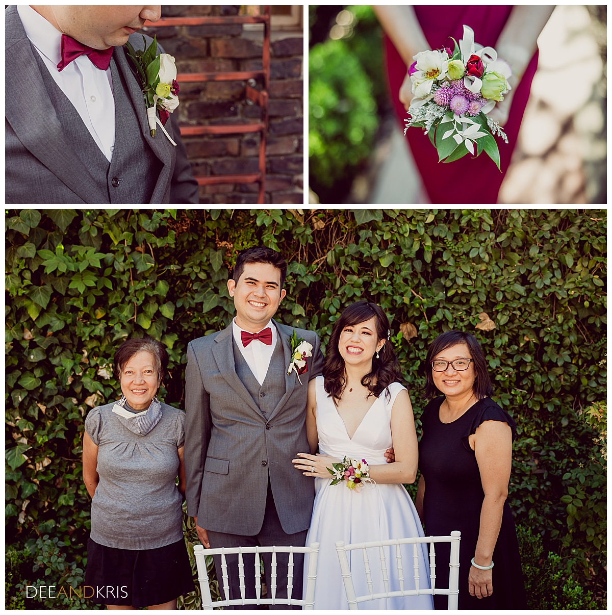 Three images of groom's boutonniere, bride's corsage, and the florists from Katrione's Blooms.