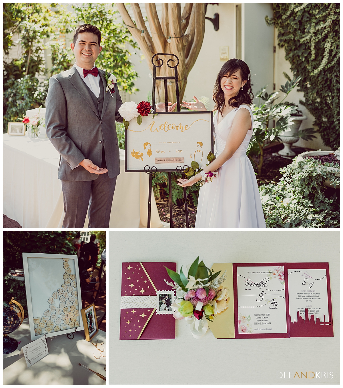 Three images of DIY detail elements including the couple's welcome sign, invitations, and sign in board.