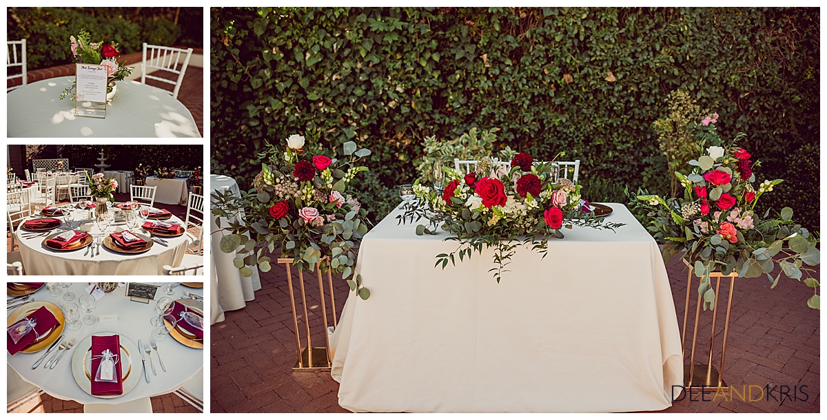 Four images of Vizcaya table settings and floral arrangements.