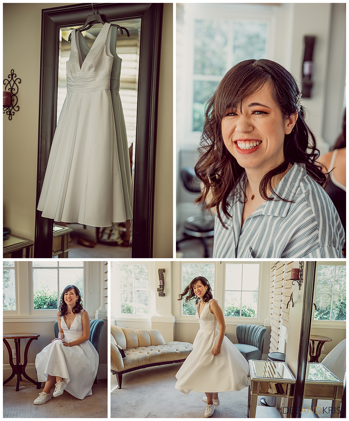 Four images of bride putting on her dress and getting hair and makeup done.