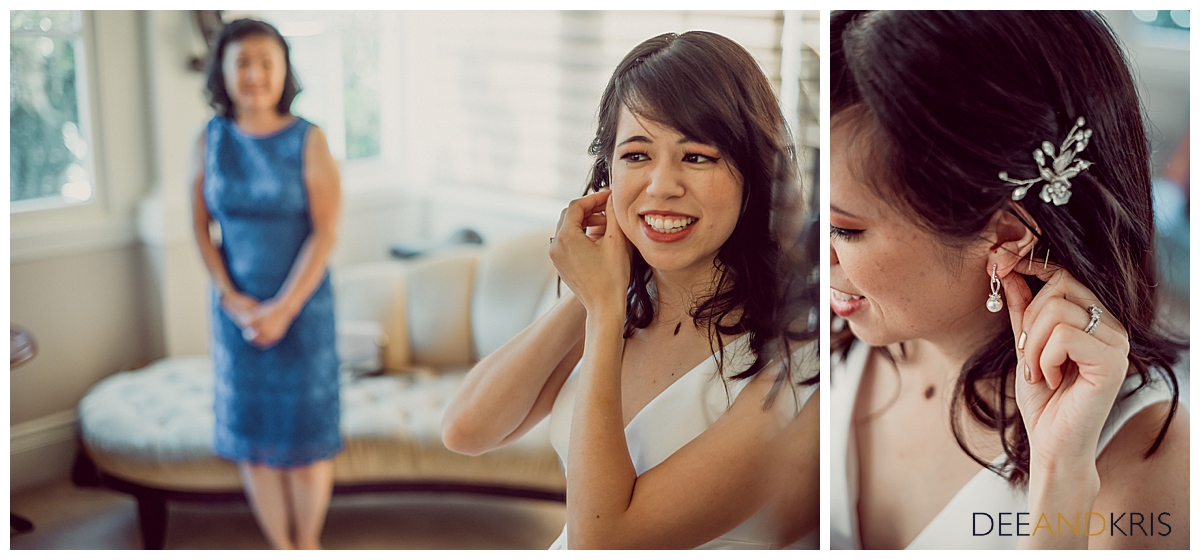 Two images of bride putting on her earrings with her mom watching on lovingly.