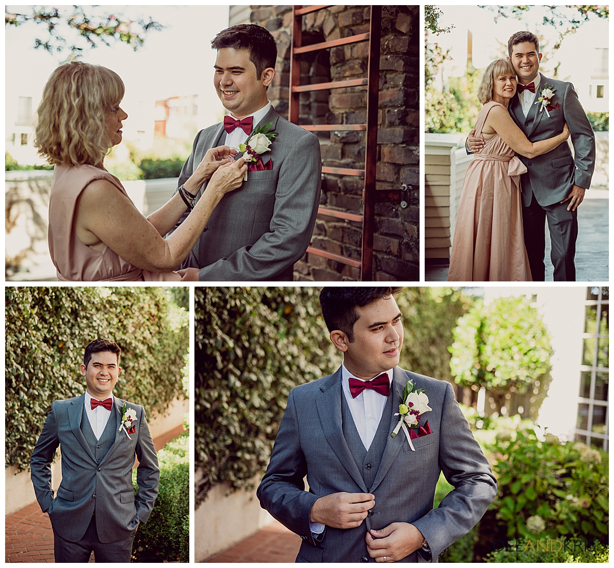 Four images of groom with his mother as she puts on his boutonniere.