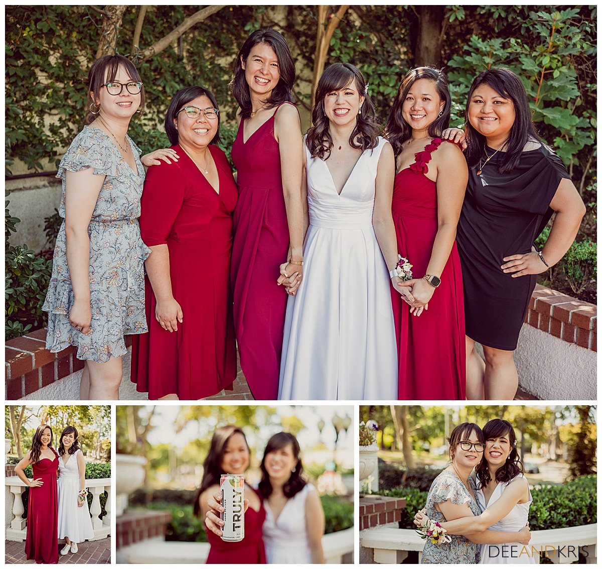 Four images of bride with her bridesmaids.