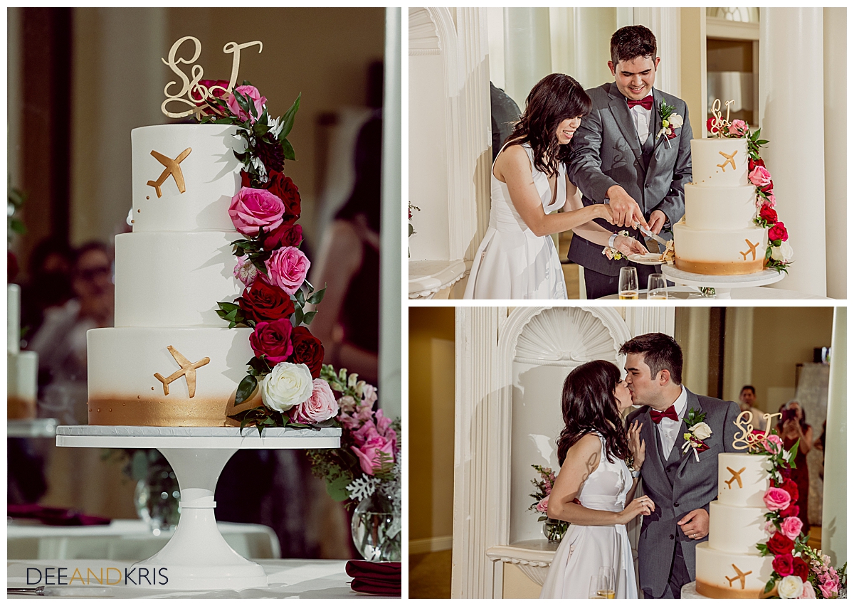Three images of couple cutting their cake.
