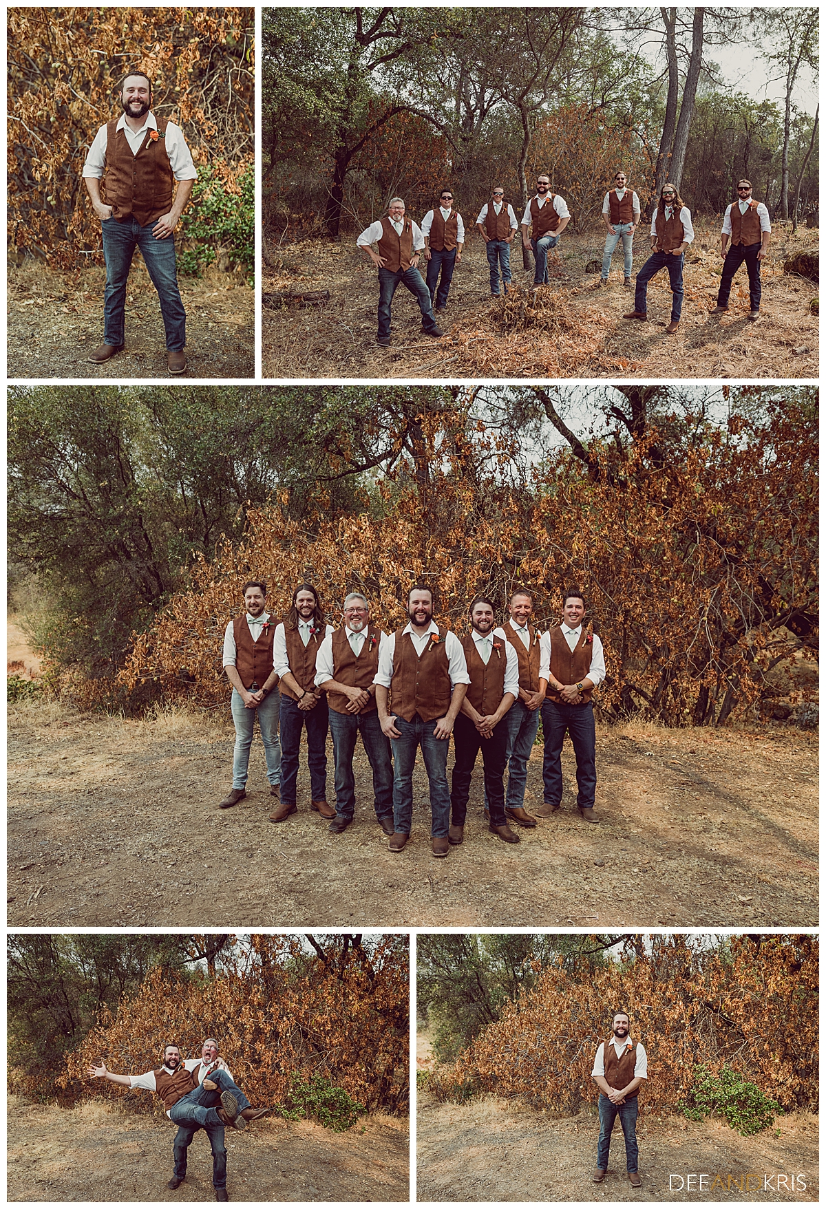Five images of the groom and his groomsmen in various poses.