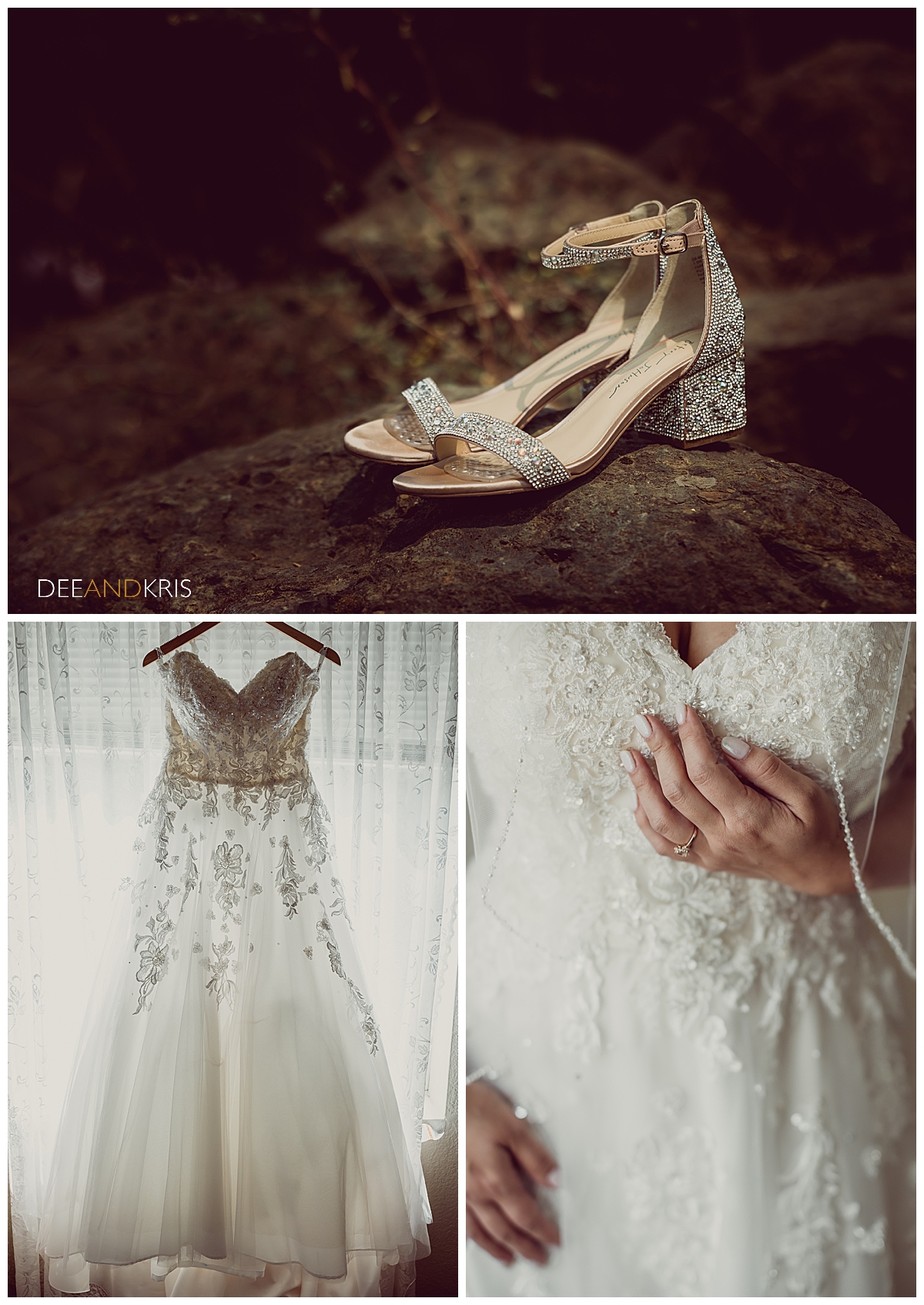 Three images of wedding shoes and gown.