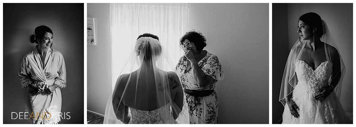 Three images of bride getting dressed with her mother watching on,