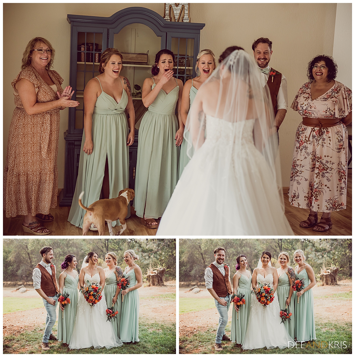 Three images of bride with her wedding party.