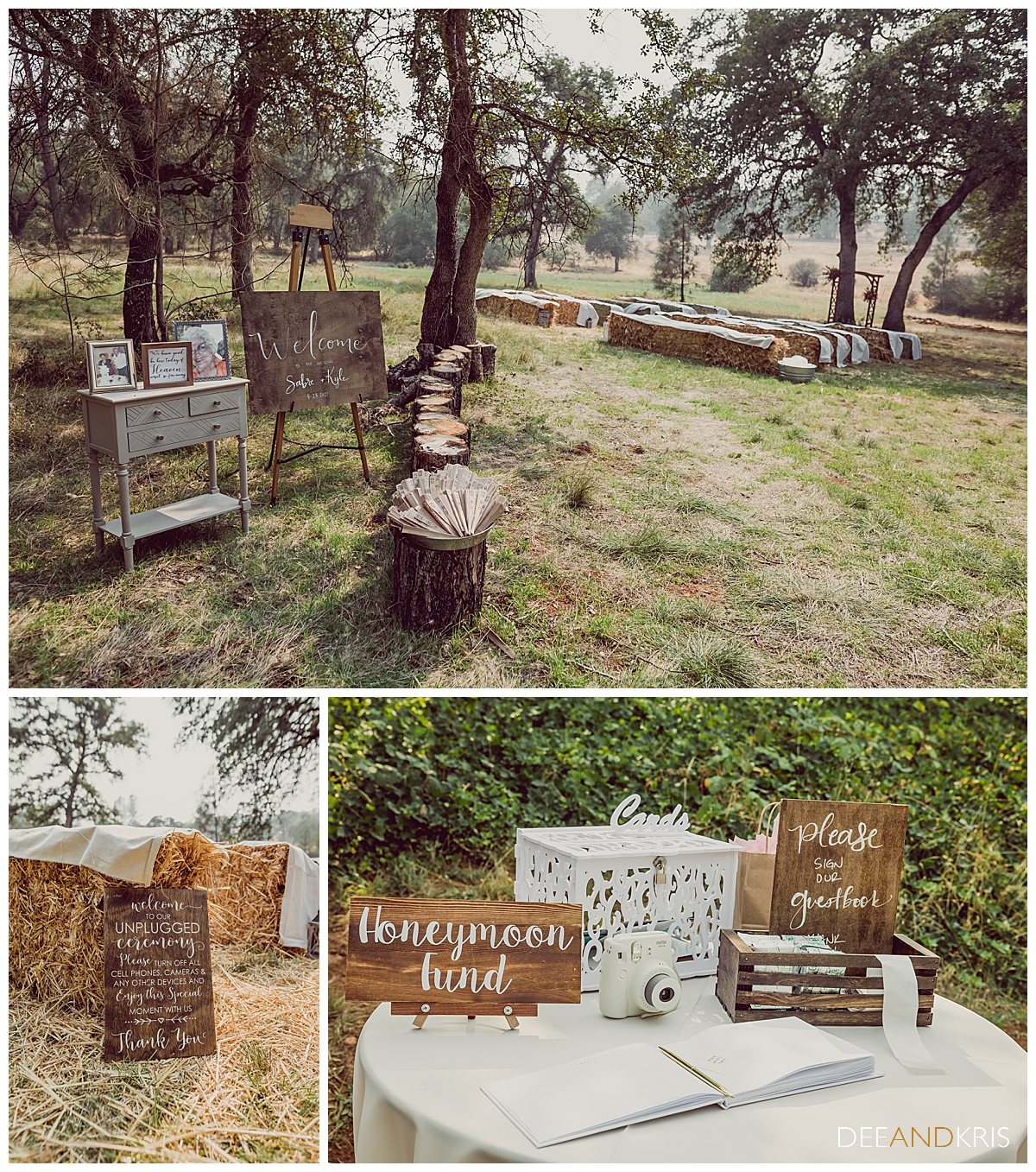 Three images of rustic details including stump lined aisle and wooden signs.