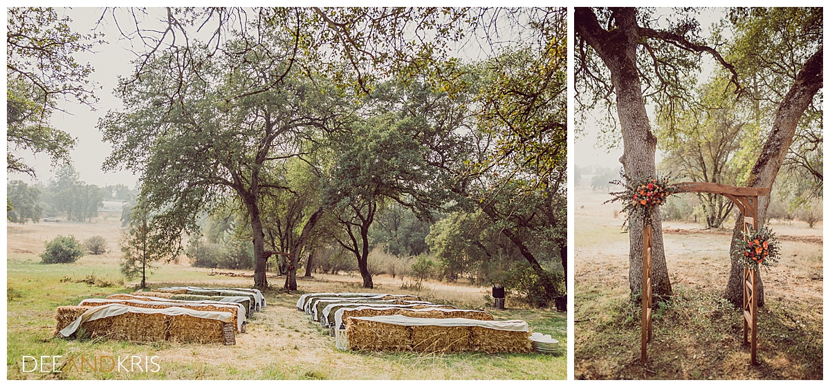 Two images of the rustic themed venue arch and haybale seating.