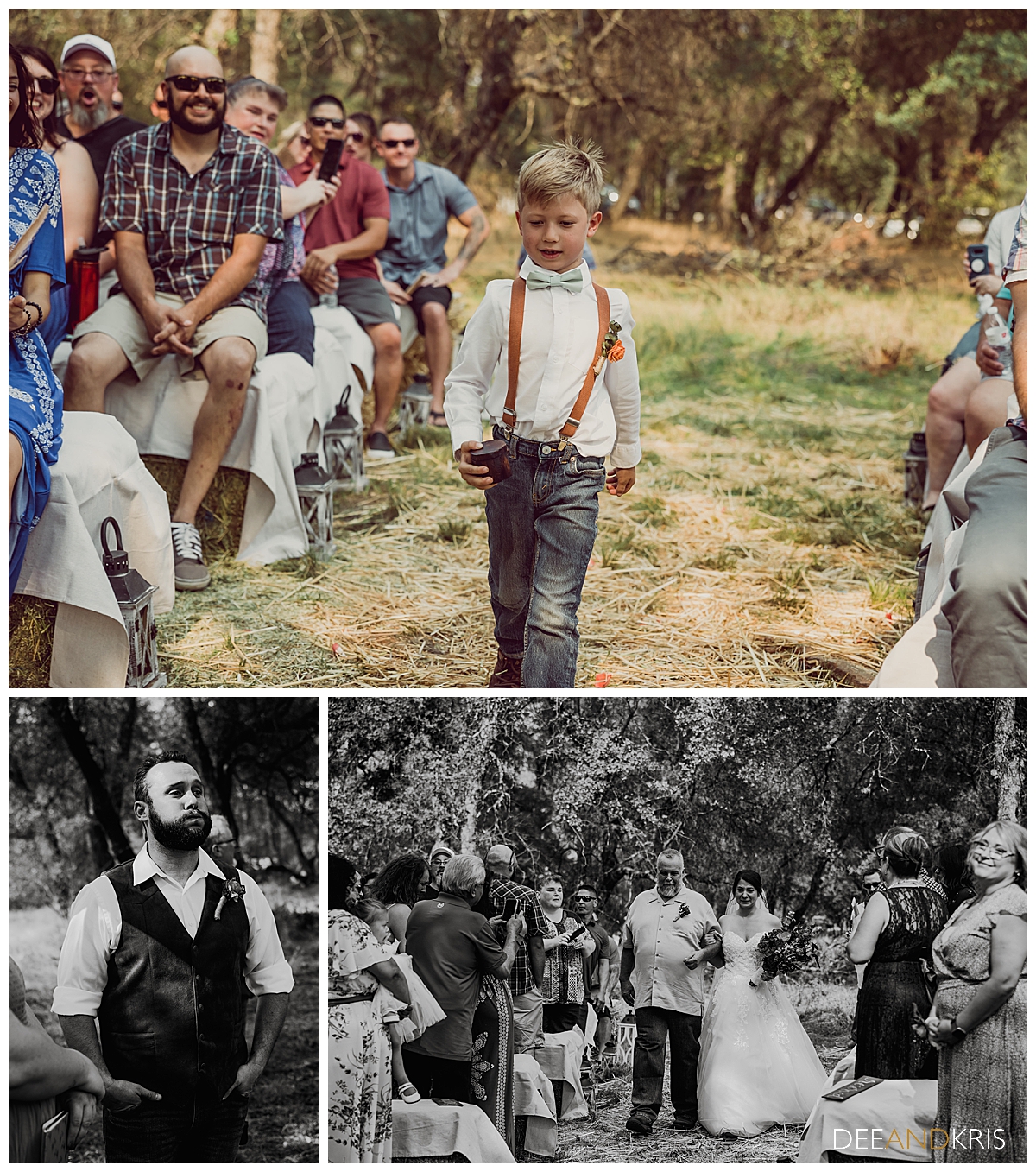 Three images of the wedding processional of ring bearer, groom trying not to cry, and bride being escorted by her father down the aisle.