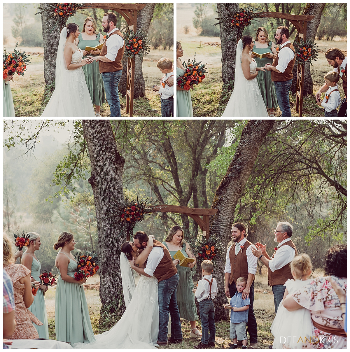Three images of the ring exchange and first kiss.