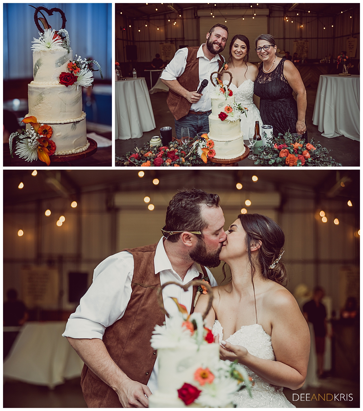 Three images of the wedding cake, the baker, and the bride and groom kissing.