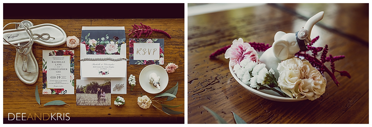 Two images of wedding details in a lay flat.
