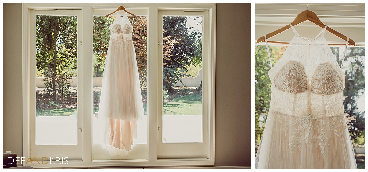 Two images of the bride's wedding dress.