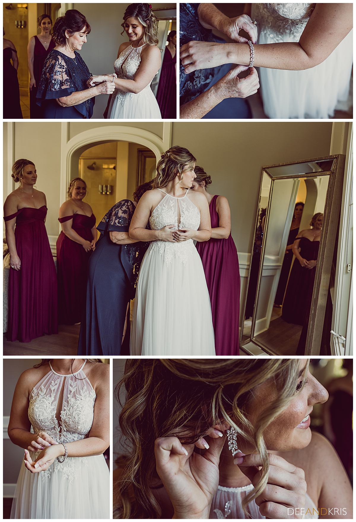 Five images of the bride getting assistance from her wedding party with her dress and jewelry 