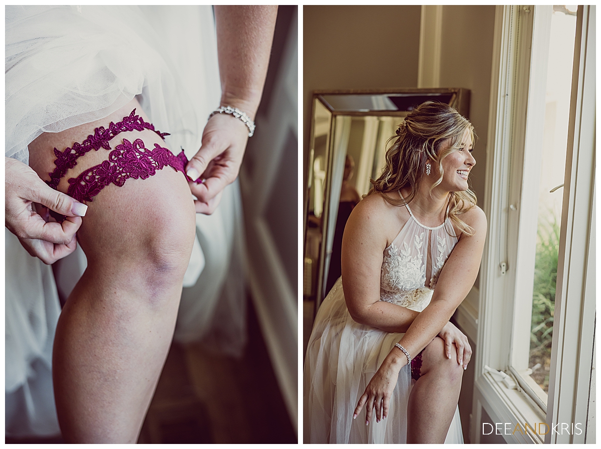 Two images of the bride putting on her garter in front of a bay window.